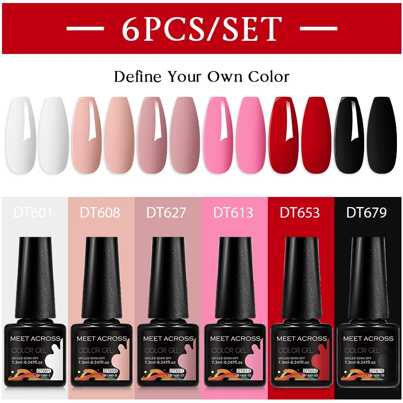 MEET ACROSS 6PC UV LED Gel Nail Polish Set – Soak Off Semi-Permanent Manicure Kit (7ml Each) C75