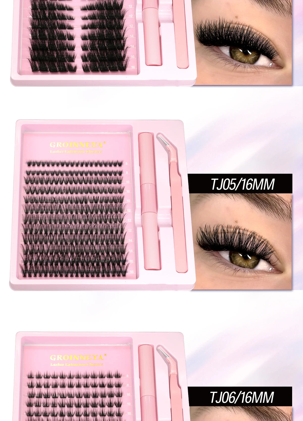 GROINNEYA DIY Lash Extension Kit – Natural Look Clusters with Bond & Seal, Tweezers Included