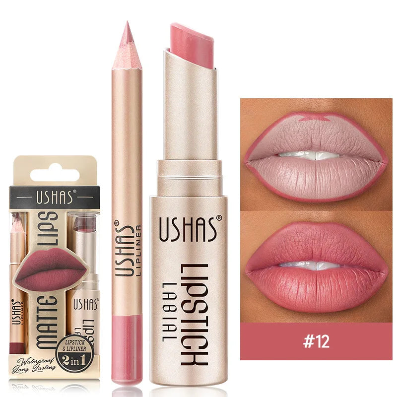 Set de delineador y lápiz labial USHAS de 12 colores: combinación mate de larga duración