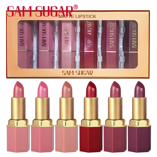 LuxuryGlow 6-Color Gold Bar Matte Lipstick Set – Velvet Texture, Pearlescent Finish