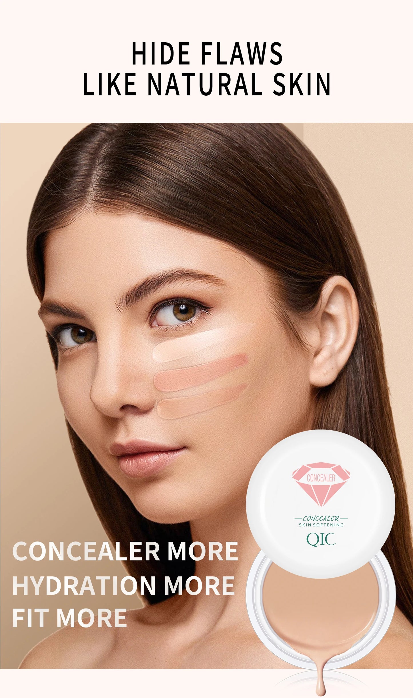 Corrector y crema BB QIC de alta cobertura, resistente al agua: de larga duración y antiojeras.
