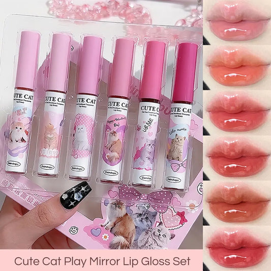 DAIMANPU Cute Cat Mirror Lip Glaze Set – 6 Glossy, Hydrating, Long-Lasting Lip Colors