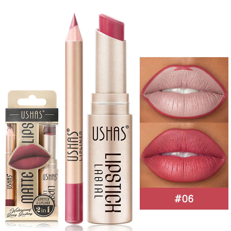 Set de delineador y lápiz labial USHAS de 12 colores: combinación mate de larga duración