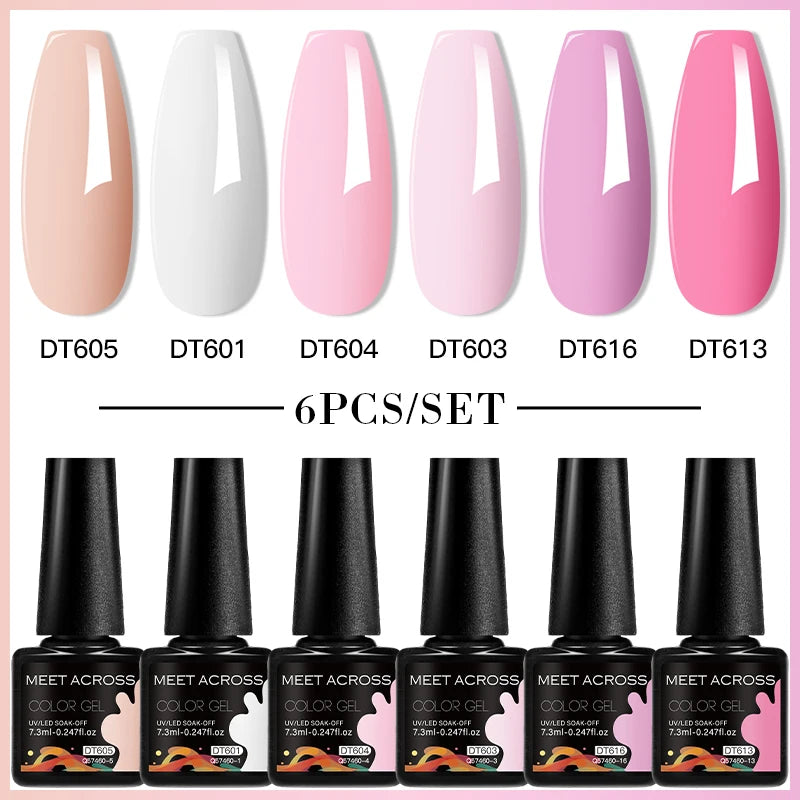 MEET ACROSS 6PC UV LED Gel Nail Polish Set – Soak Off Semi-Permanent Manicure Kit (7ml Each) C75