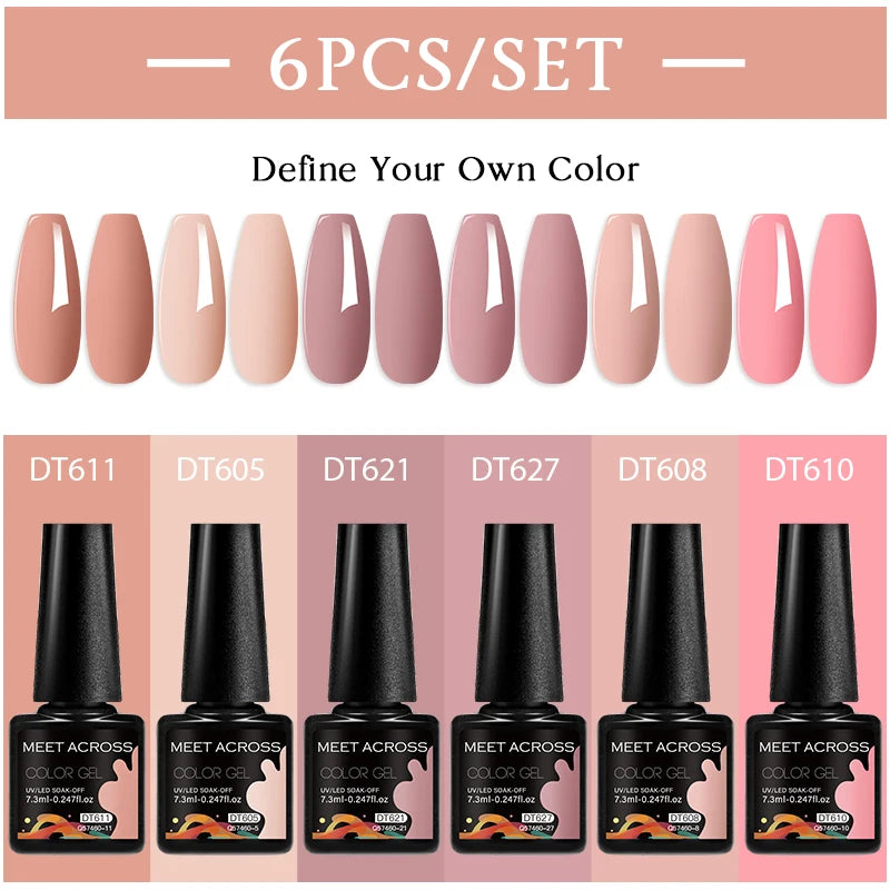 MEET ACROSS 6PC UV LED Gel Nail Polish Set – Soak Off Semi-Permanent Manicure Kit (7ml Each) C75