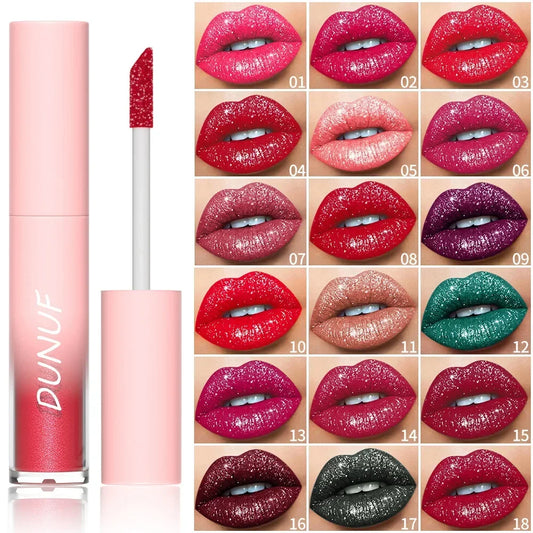 Lápiz labial perlado resistente al agua DUNUF: brillo labial duradero y brillante para maquillaje diario y de escenario.