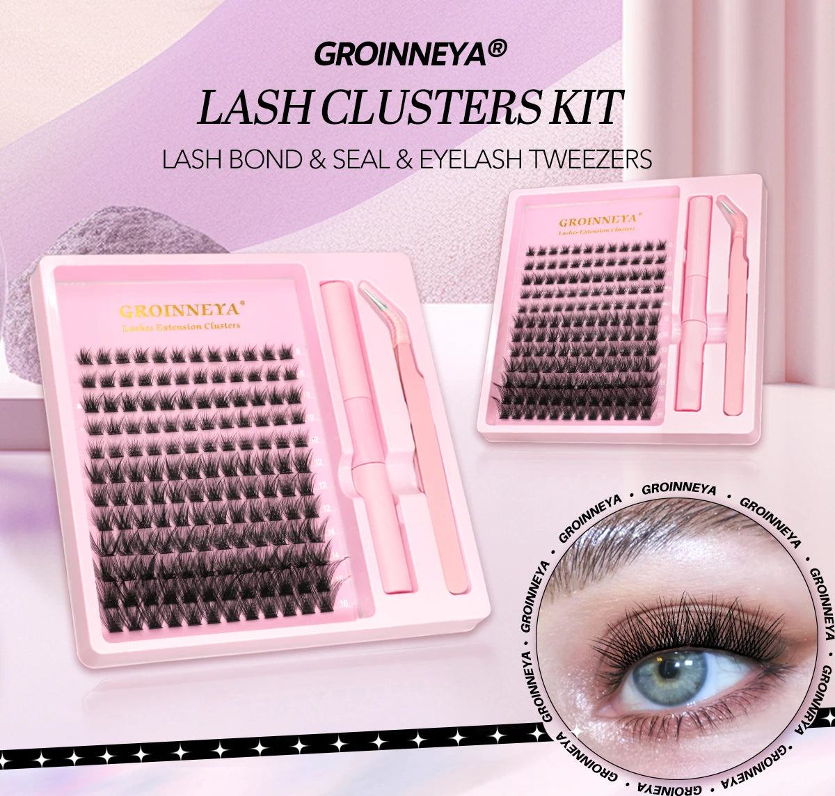 GROINNEYA DIY Lash Extension Kit – Natural Look Clusters with Bond & Seal, Tweezers Included