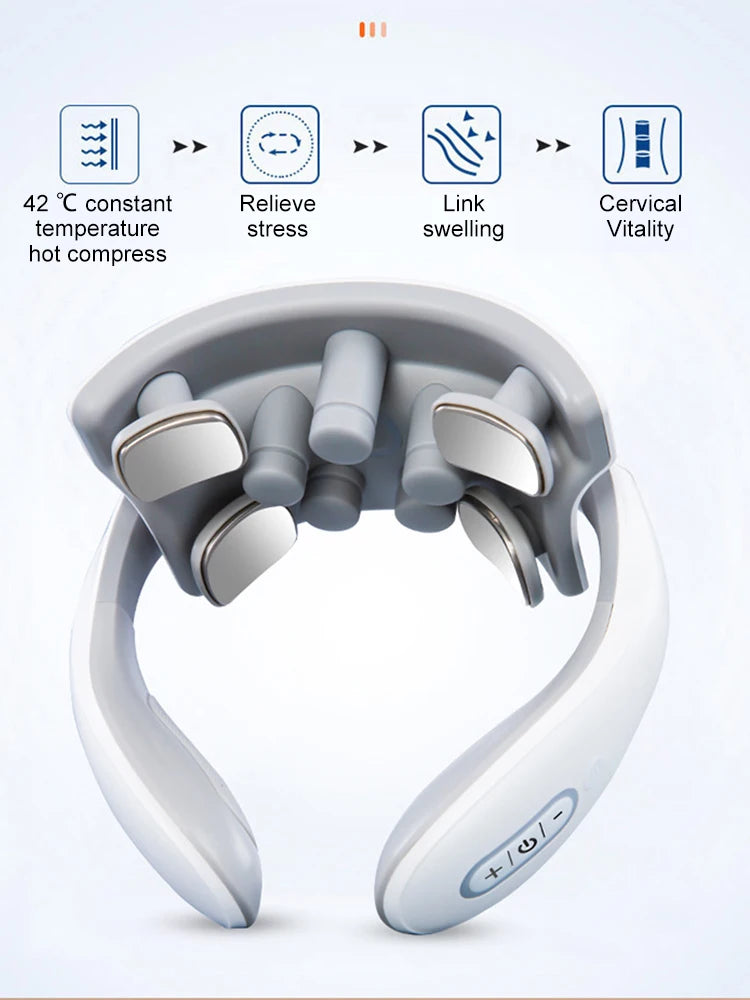 Máquina de masaje cervical LuxuryGlow con 4 unidades de calefacción, protección para cabeza y cuello, respiración, vibración ligera y compresas calientes para la columna cervical.
