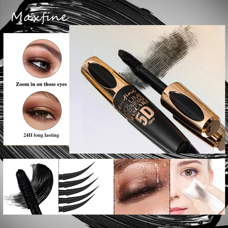 Máscara de pestañas MAXFINE 5D Waterproof Silk: potenciador de pestañas de larga duración, voluminizador y definidor de rizos.