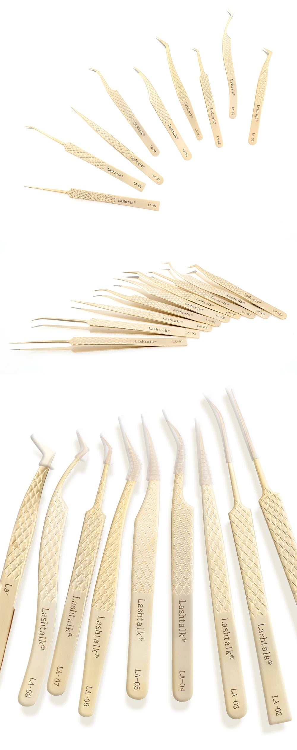 Pinzas para pestañas Lashtalk Precision con punta de fibra: antideslizantes, agarre de diamante y acabado dorado premium