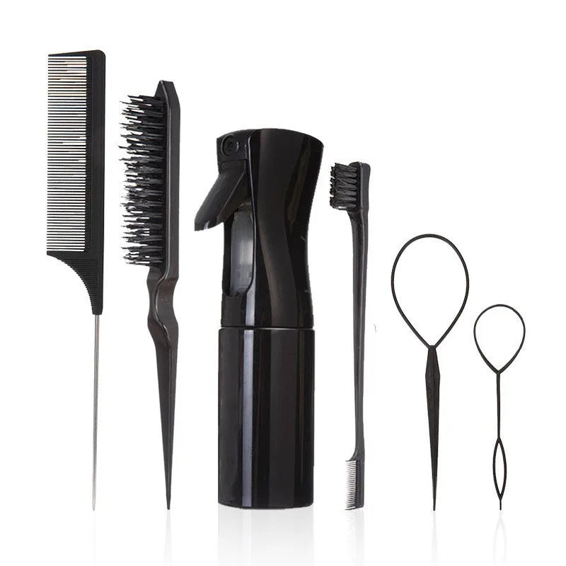 LuxuryGlow 6PCS Hair Styling Tool Set – Tail Combs, Hair Brushes & Spray Bottle for Hairdressers