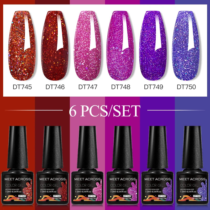 MEET ACROSS 6PC UV LED Gel Nail Polish Set – Soak Off Semi-Permanent Manicure Kit (7ml Each) C103