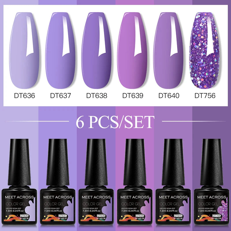 MEET ACROSS 6PC UV LED Gel Nail Polish Set – Soak Off Semi-Permanent Manicure Kit (7ml Each) C75
