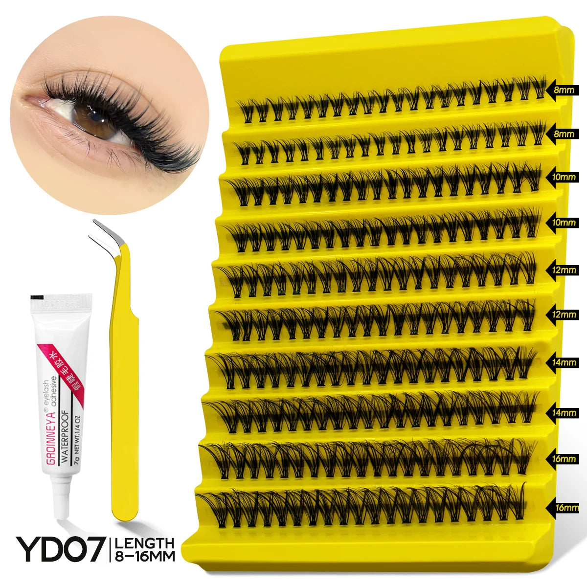 GROINNEYA DIY Lash Extension Kit – Natural Look Clusters with Bond & Seal, Tweezers Included