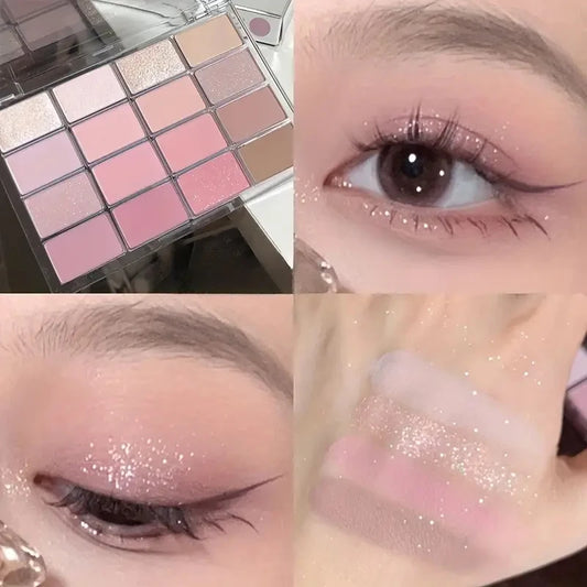 LuxuryGlow 16-Color Nude & Pink Eyeshadow Palette – Matte & Glitter Korean Style Makeup