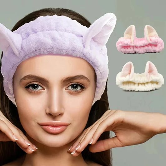WRDEW Cute Cat Ear Coral Fleece Headband – Soft, Stretchy & Perfect for Makeup