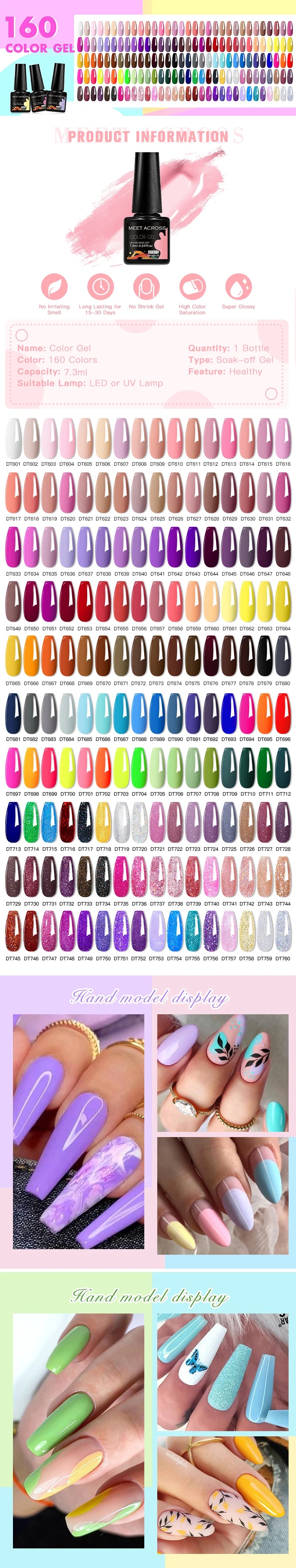 MEET ACROSS 6PC UV LED Gel Nail Polish Set – Soak Off Semi-Permanent Manicure Kit (7ml Each) C75