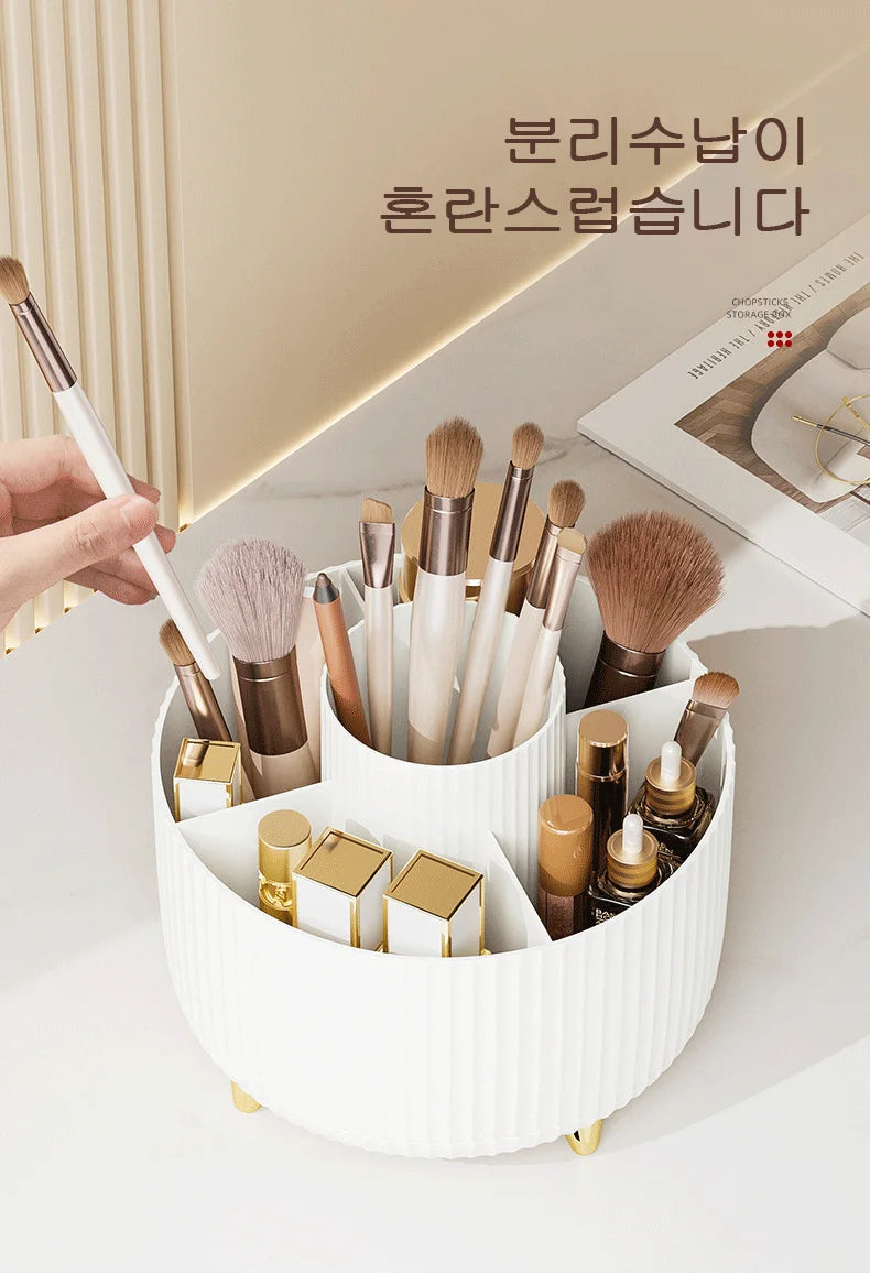 LuxuryGlow Rotating Makeup Brush Organizer – 360° Cosmetic Storage Box for Vanity Desk