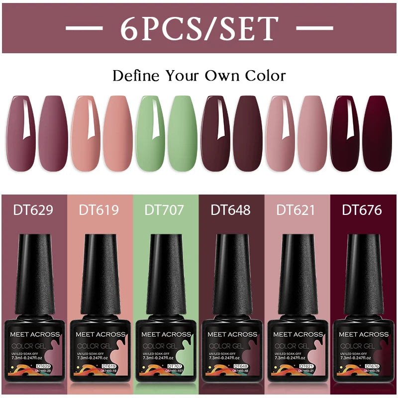 MEET ACROSS 6PC UV LED Gel Nail Polish Set – Soak Off Semi-Permanent Manicure Kit (7ml Each) C25