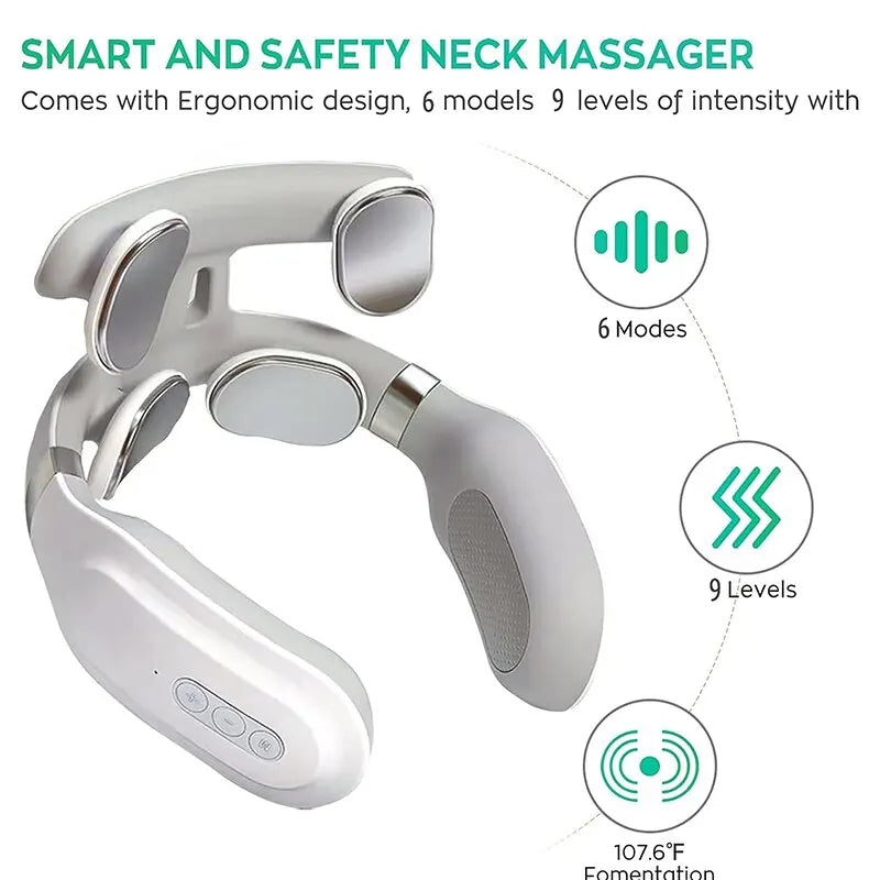 Máquina de masaje cervical LuxuryGlow con 4 unidades de calefacción, protección para cabeza y cuello, respiración, vibración ligera y compresas calientes para la columna cervical.