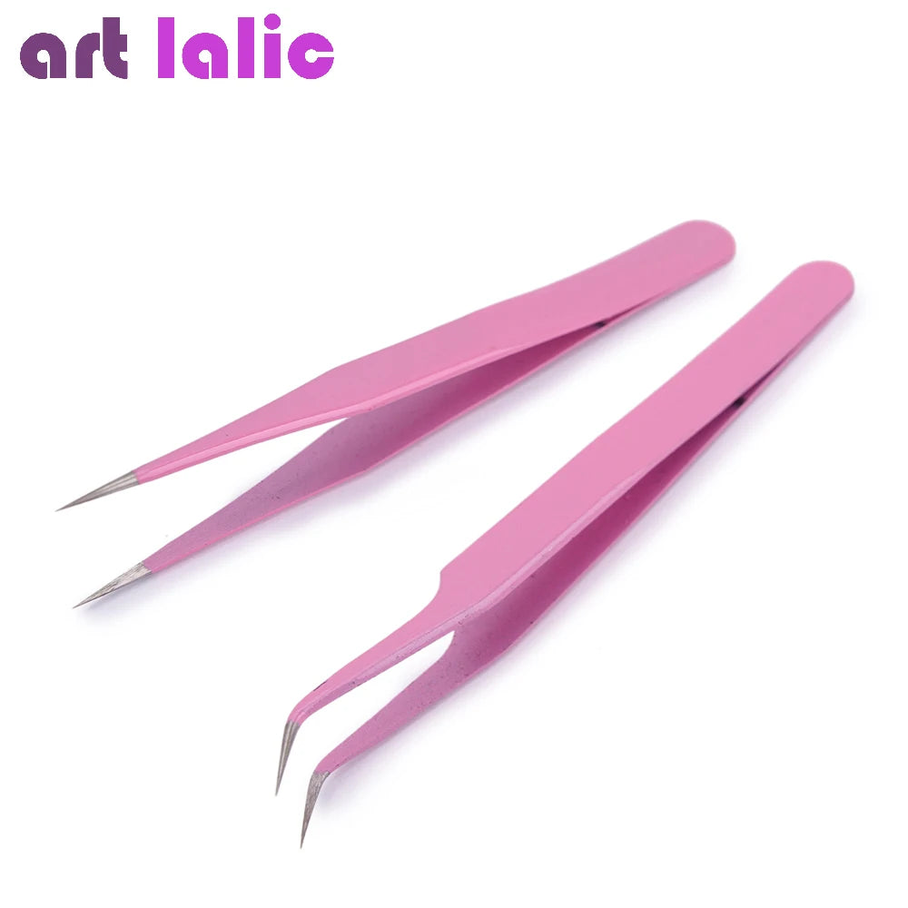 Art Lalic 2PCS Pink Stainless Steel Tweezers Set – Straight & Curved for Eyelash & Nail Art