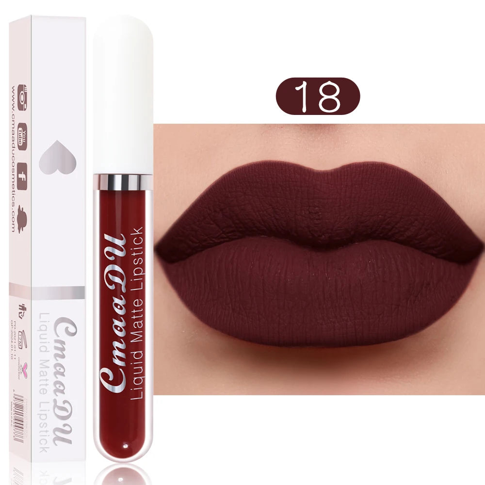 Brillo labial mate CmaaDu: labial resistente al agua y de larga duración en intensos tonos rojos.