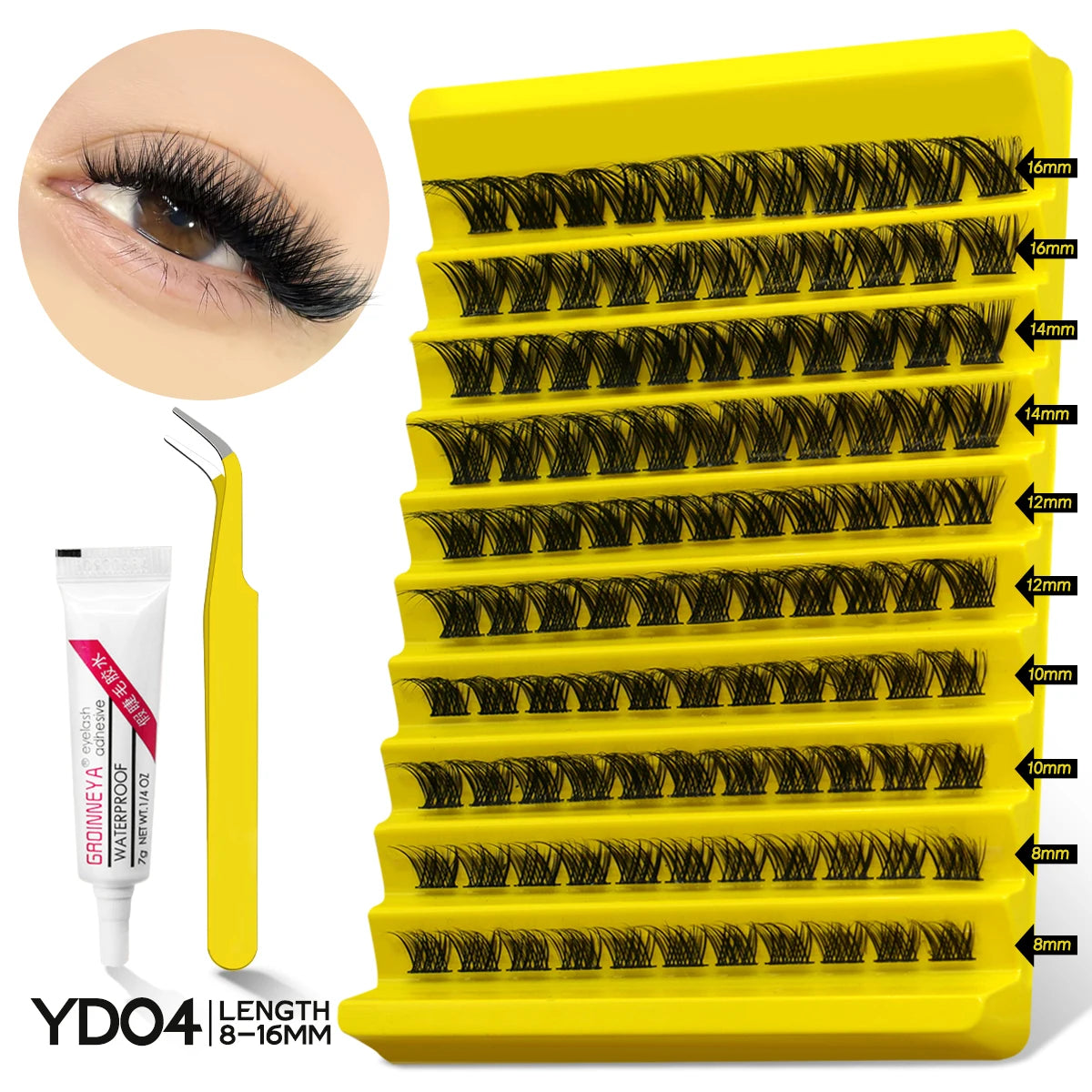 GROINNEYA DIY Lash Extension Kit – Natural Look Clusters with Bond & Seal, Tweezers Included