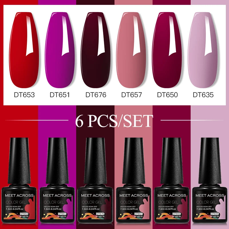 MEET ACROSS 6PC UV LED Gel Nail Polish Set – Soak Off Semi-Permanent Manicure Kit (7ml Each) C50