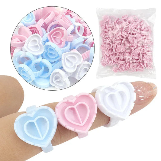 EOEKKY 100 PCS Disposable Heart-Shaped Glue Rings – Lash Extension & Tattoo Ink Cups