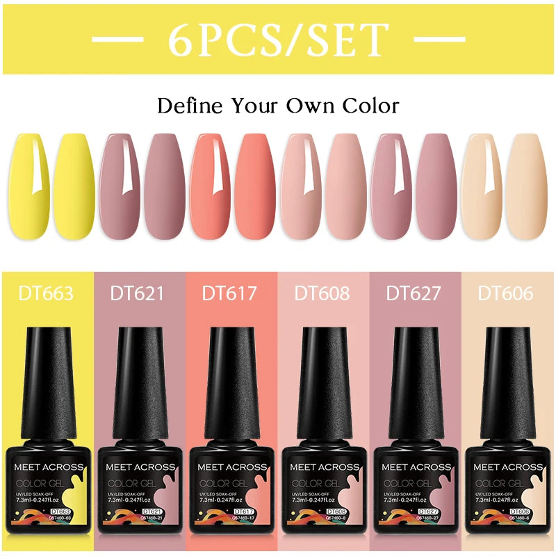 MEET ACROSS 6PC UV LED Gel Nail Polish Set – Soak Off Semi-Permanent Manicure Kit (7ml Each) C103