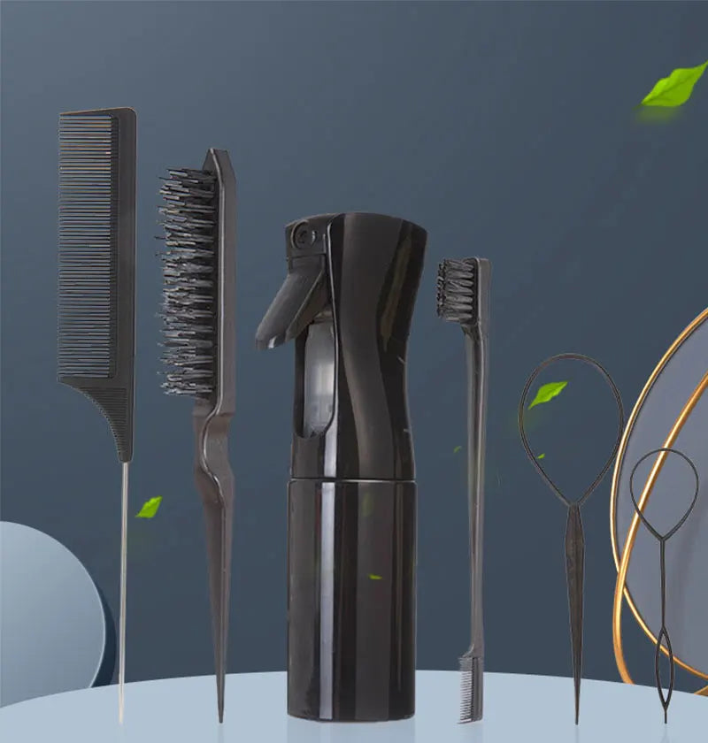 LuxuryGlow 6PCS Hair Styling Tool Set – Tail Combs, Hair Brushes & Spray Bottle for Hairdressers