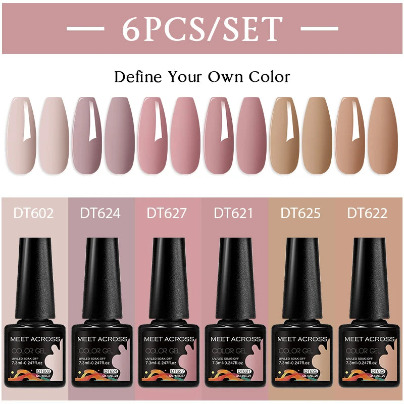MEET ACROSS 6PC UV LED Gel Nail Polish Set – Soak Off Semi-Permanent Manicure Kit (7ml Each) C50