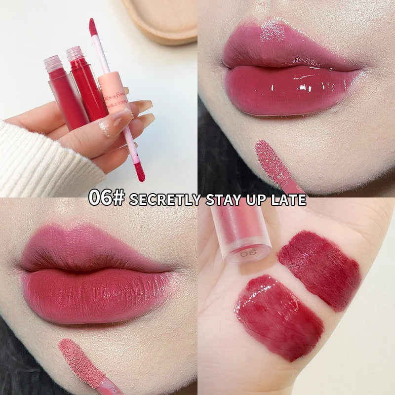 MAXFINE Brillo de labios de doble punta, resistente al agua, hidratante, duradero, mate, terciopelo, espejo, brillo de labios, cosméticos