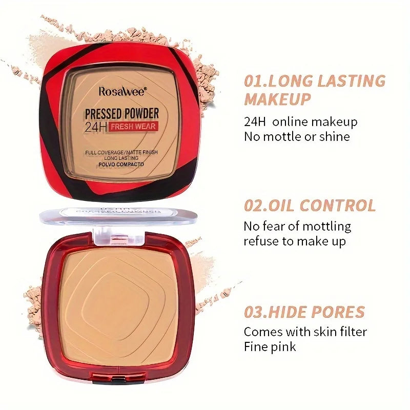 Base de maquillaje en polvo compacto mate Rosawee: cobertura total 24 horas y control de grasa
