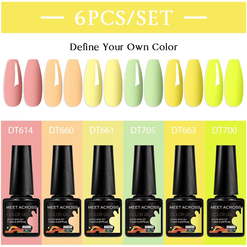 MEET ACROSS 6PC UV LED Gel Nail Polish Set – Soak Off Semi-Permanent Manicure Kit (7ml Each) C103
