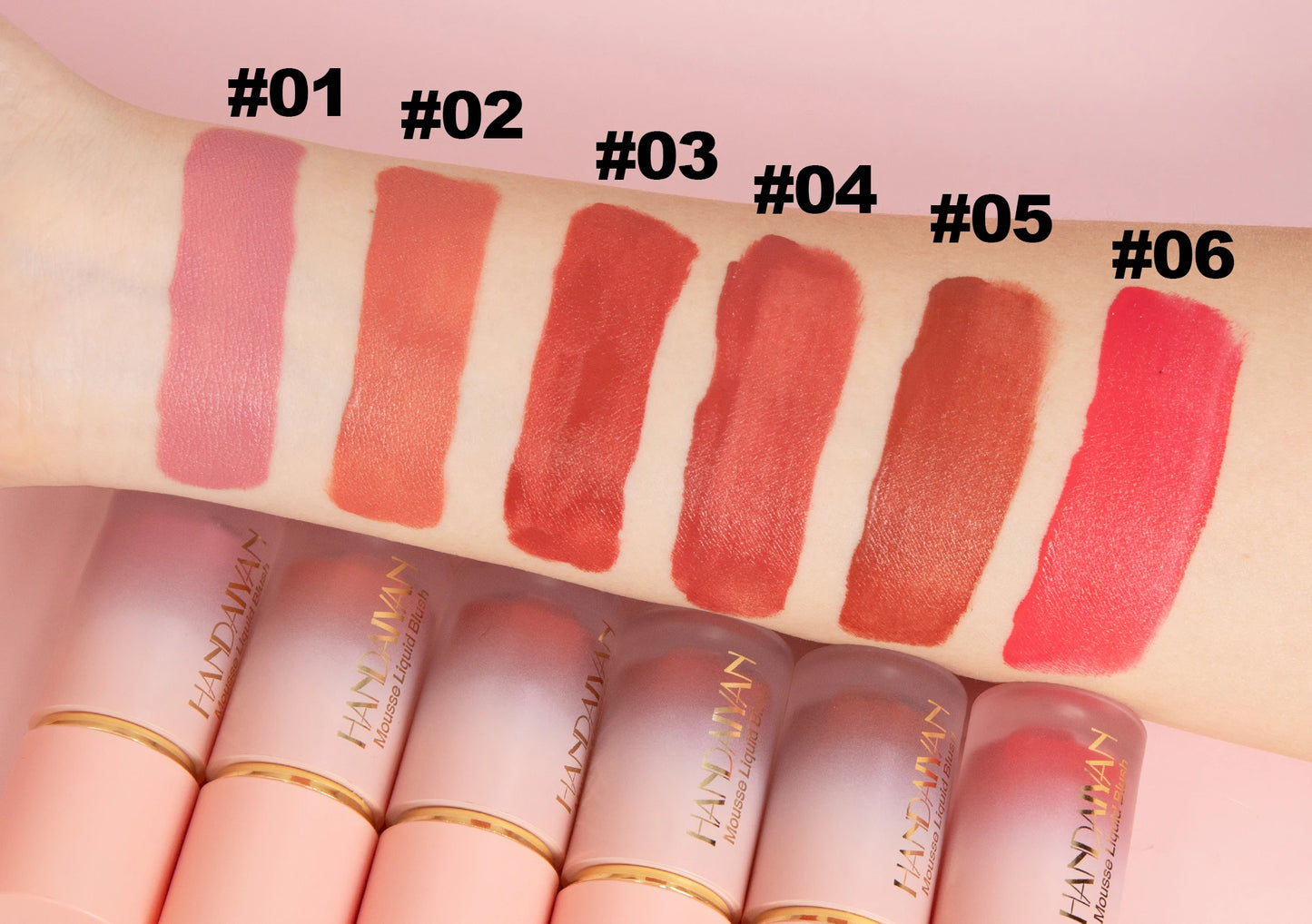 أحمر خدود سائل مطفي من هانديان بستة ألوان - يدوم طويلًا، مقاوم للماء، مع إسفنجة تطبيق