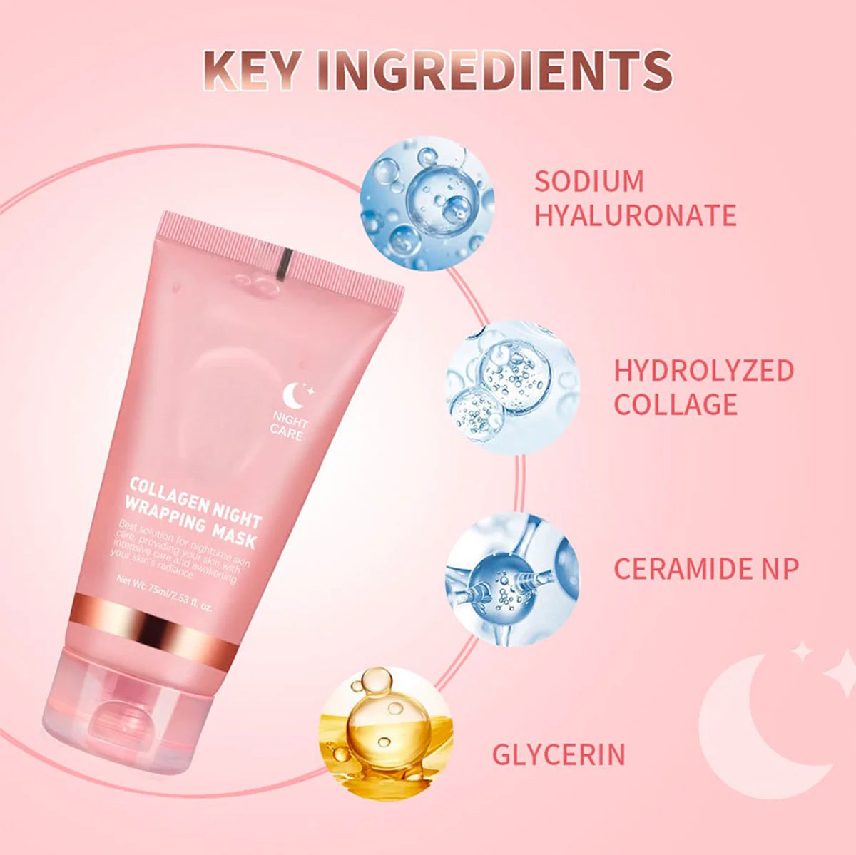 Mascarilla de noche exfoliante con colágeno Lakerain: hidratante, iluminadora y reafirmante para una piel radiante.