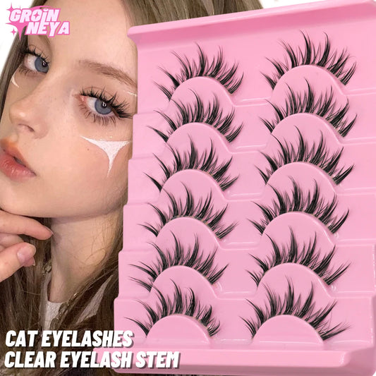 GROINNEYA Cat Eye Wispy Lashes – 5/6 Pairs Clear Band Natural 6D Eyelash Extensions