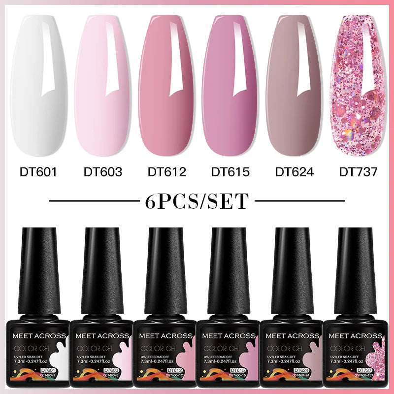 MEET ACROSS 6PC UV LED Gel Nail Polish Set – Soak Off Semi-Permanent Manicure Kit (7ml Each) C75