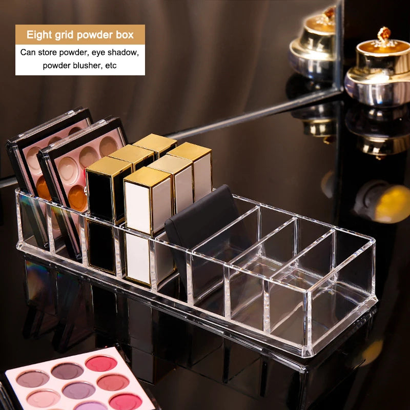 Caja de almacenamiento de cosméticos acrílica LuxuryGlow de 8 compartimentos: organizador de maquillaje para polvos, labiales y esmaltes de uñas