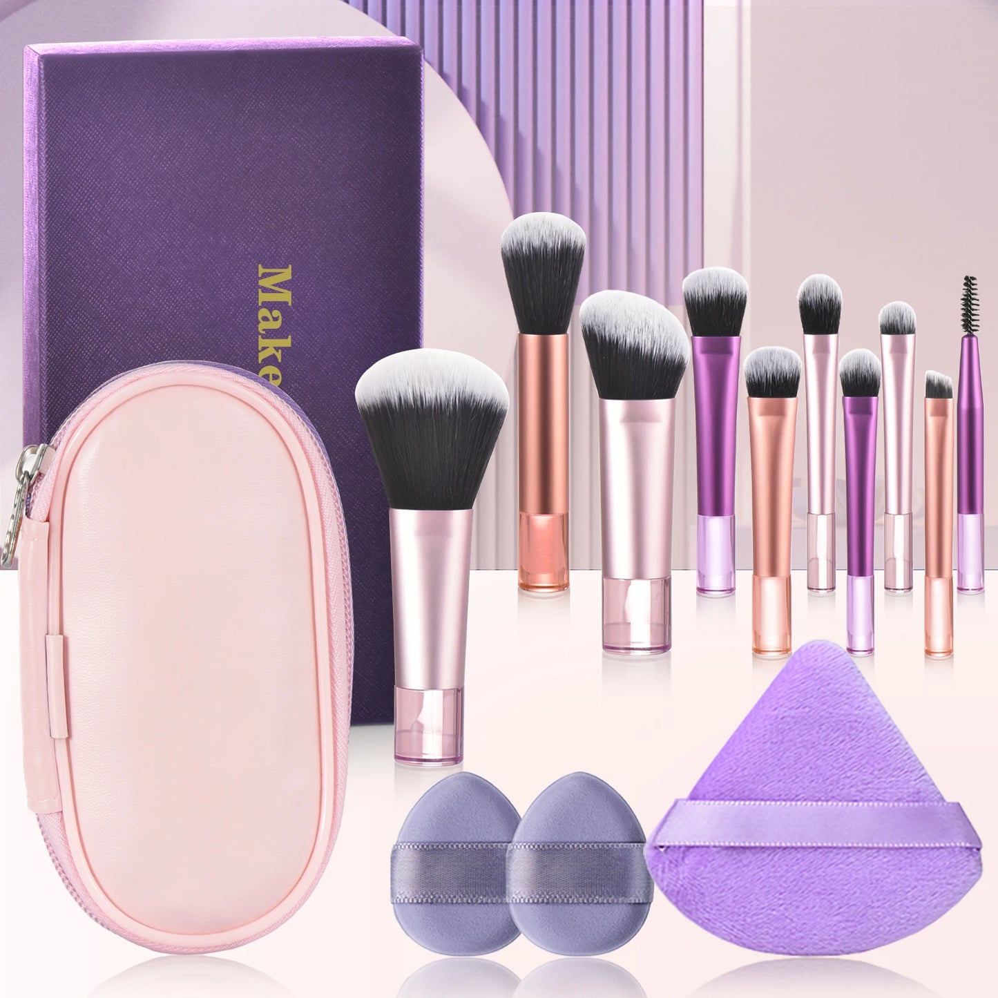 مجموعة فرش مكياج صغيرة من LuxuryGlow، 10 ألوان، مجموعة سفر محمولة مع إسفنجة وأدوات