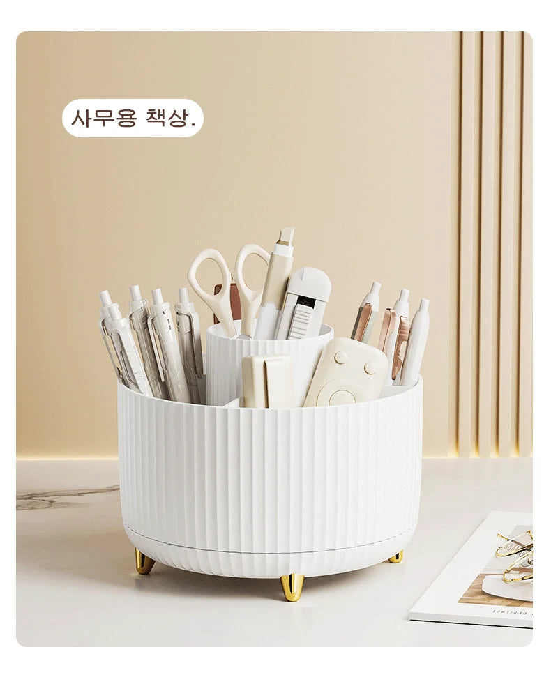 LuxuryGlow Rotating Makeup Brush Organizer – 360° Cosmetic Storage Box for Vanity Desk