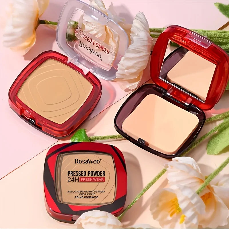 Base de maquillaje en polvo compacto mate Rosawee: cobertura total 24 horas y control de grasa