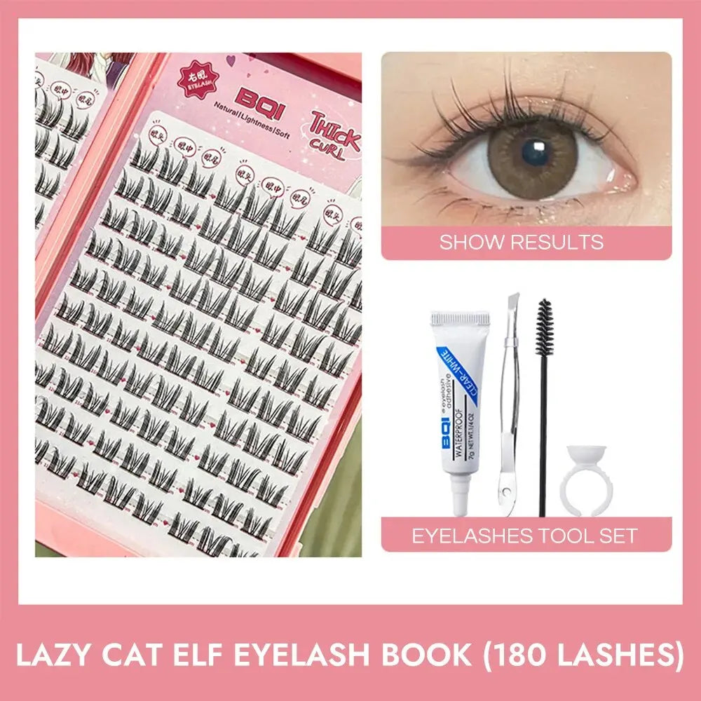 كتاب رموش BQI Lazy Cat Elf - مجموعة من 180 قطعة من مجموعات الرموش مع الغراء 