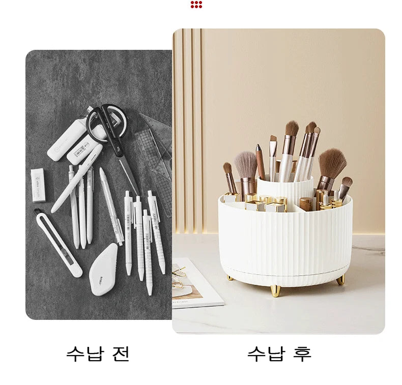 LuxuryGlow Rotating Makeup Brush Organizer – 360° Cosmetic Storage Box for Vanity Desk