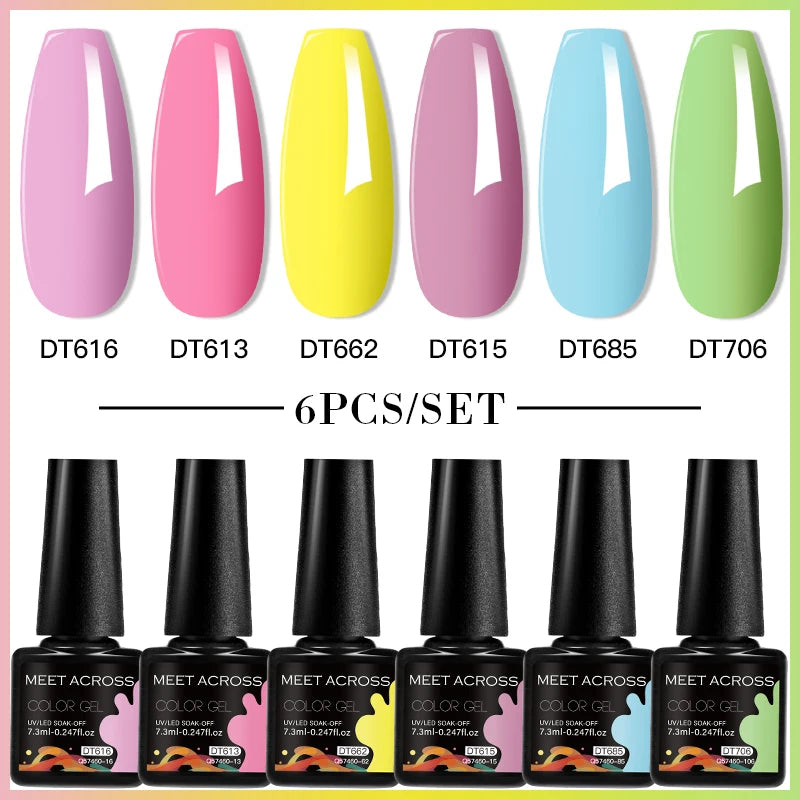 MEET ACROSS 6PC UV LED Gel Nail Polish Set – Soak Off Semi-Permanent Manicure Kit (7ml Each) C103