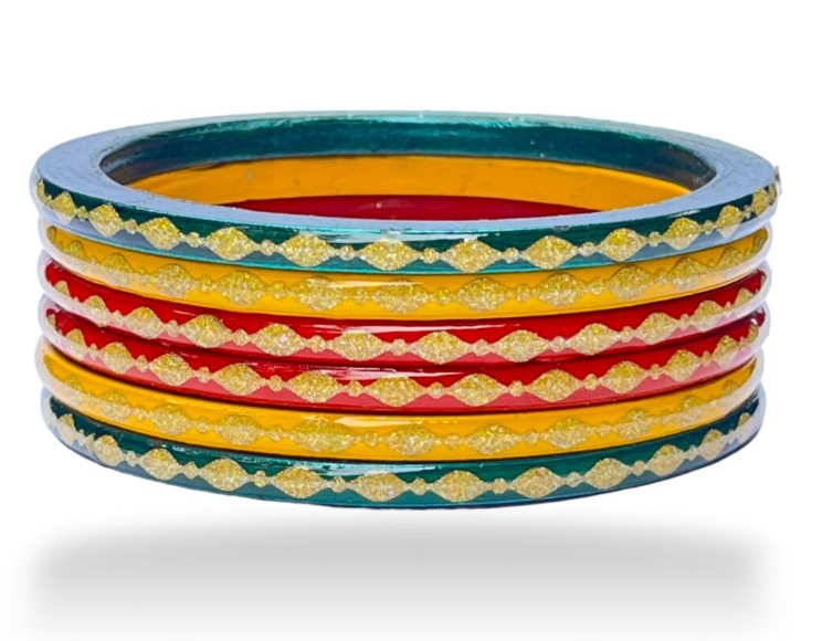 LuxuryGlow Lac Bangles  Neebu Mirchi Luxury Lac Bangles – Red, Green & Yellow with Gold Plating |