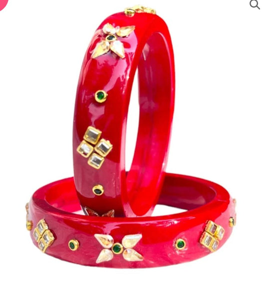 LuxuryGlow Lac Bangles  Red Glossy Handcrafted Lac Bangles with Mirror Work –