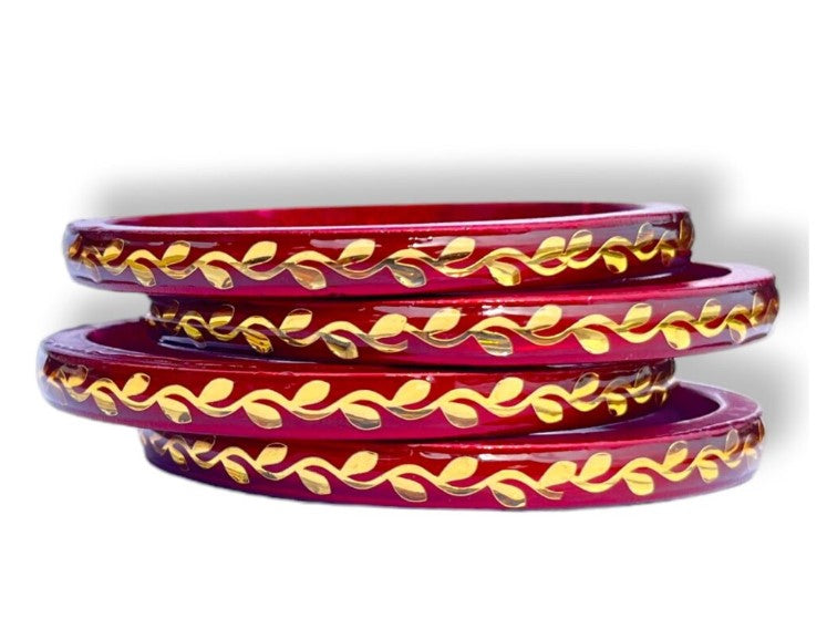 LuxuryGlow Lac Bangles Handmade Lac Bangles with Golden Leaf Design – LuxuryGlow