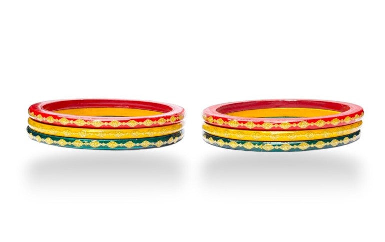 LuxuryGlow Lac Bangles  Neebu Mirchi Luxury Lac Bangles – Red, Green & Yellow with Gold Plating |